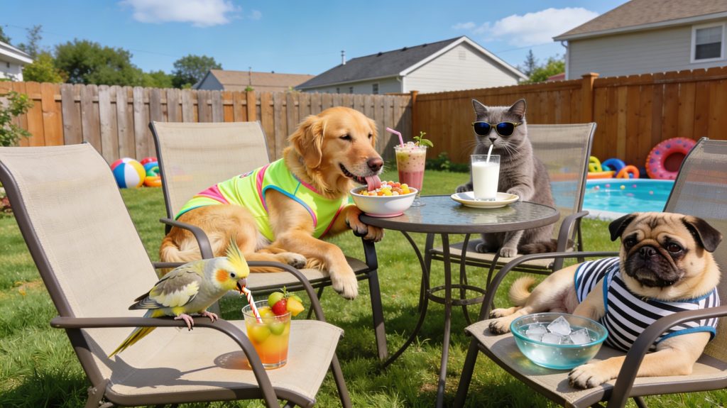 Multiple pets relaxing on lawn chairs in a fenced backyard at a private, cage‑free pet boarding home in Blandon, Berks County, PA, enjoying a safe summer staycation
