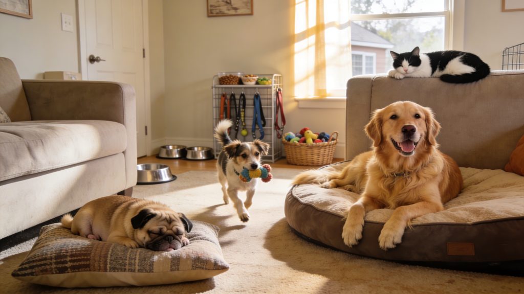 Dogs and a cat sleeping on beds, pillows, and a sofa in a cozy living room at a private, cage‑free pet boarding home in Blandon, PA, with no wire cages in sight