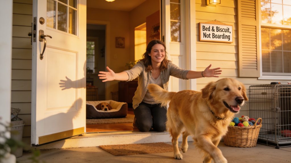 Happy dog trotting into a cozy home-style pet boarding entryway in Blandon, PA, greeted by a smiling sitter with a bed-and-biscuit welcome